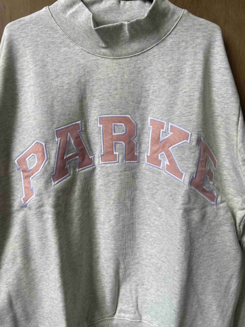 PARKE Varsity Letter Mock Neck Pullover Heather Gray Casual Sweatshirt - Picture 3 of 6